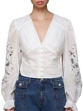 $129 Avec Les Filles Women's Cotton Pintuck Lace-Trim Button-Front Blouse Size M